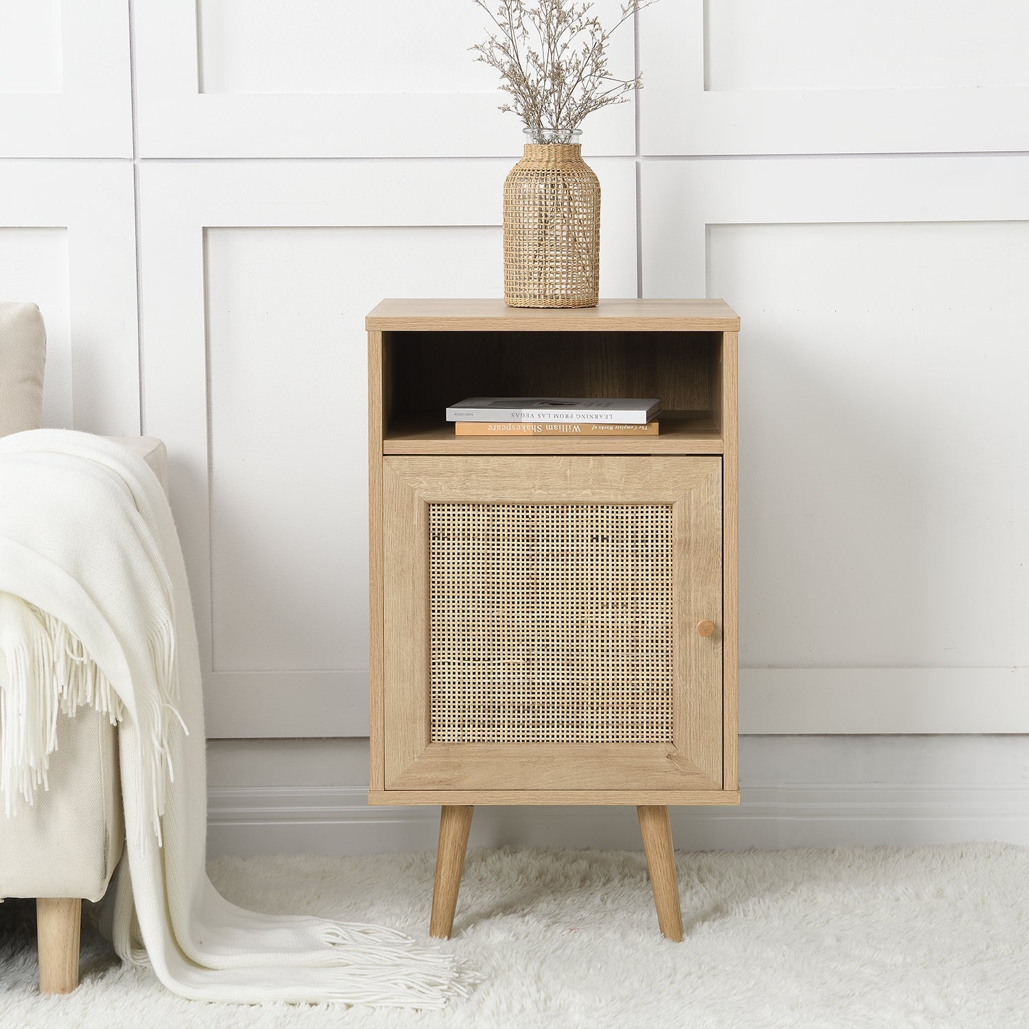 Frances Woven Rattan 1-Door Nightstand in Natural