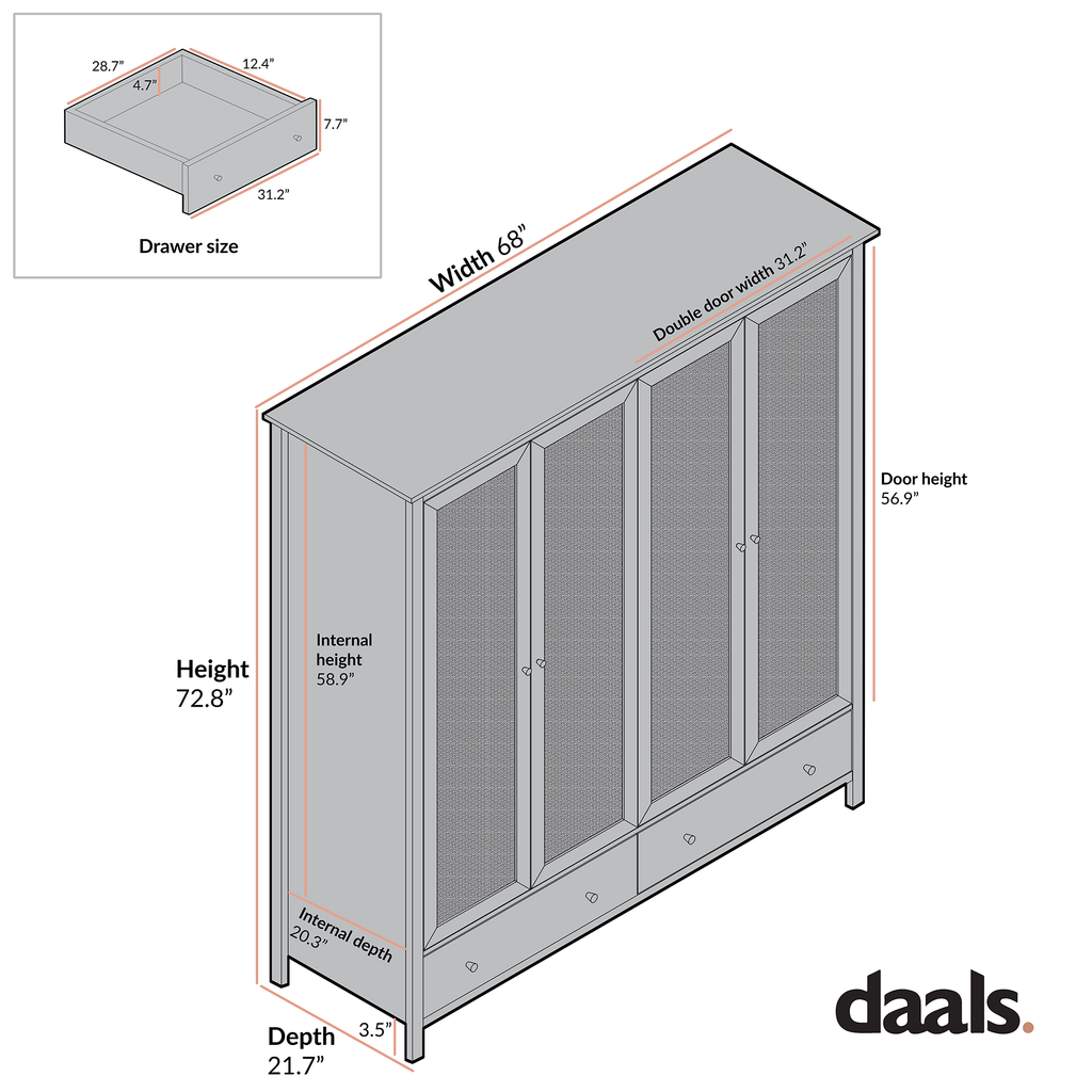 Frances Rattan 4-Door Closet with 2 Drawers, Natural