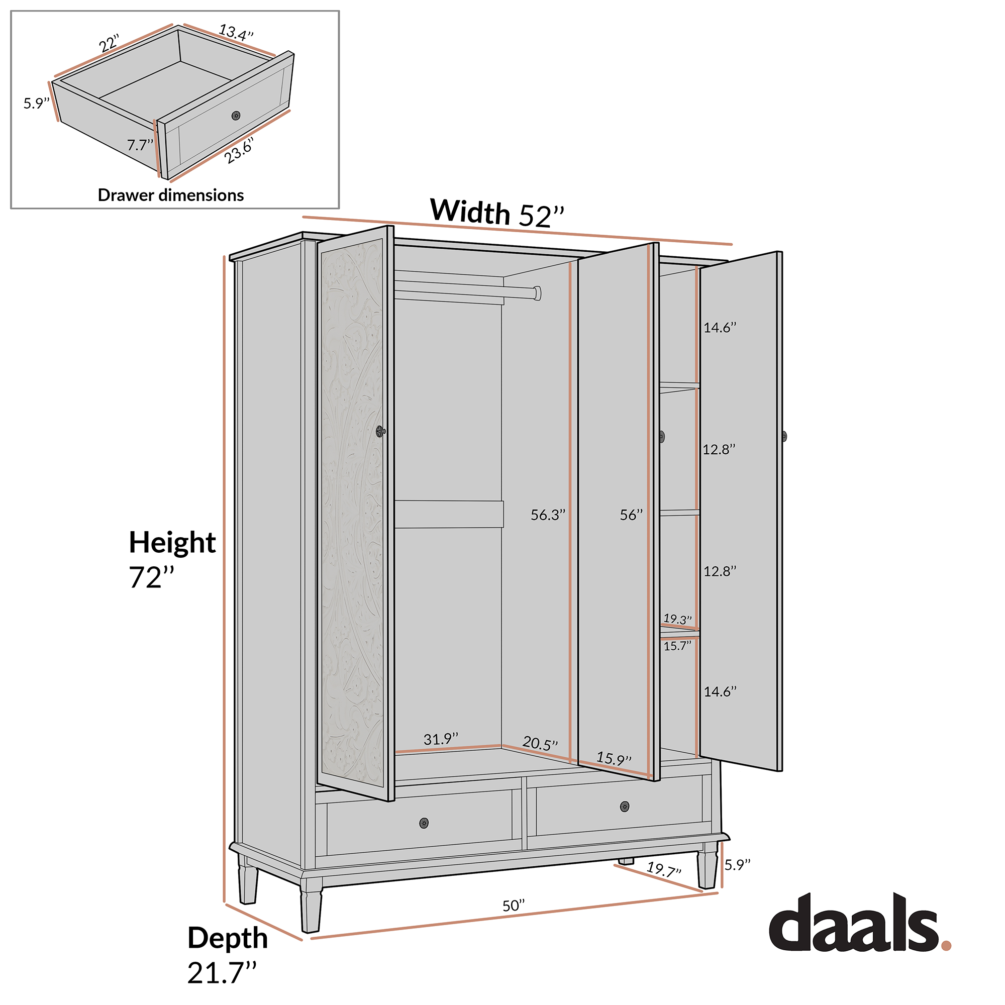 Chantilly Whitewashed Carved Triple Closet