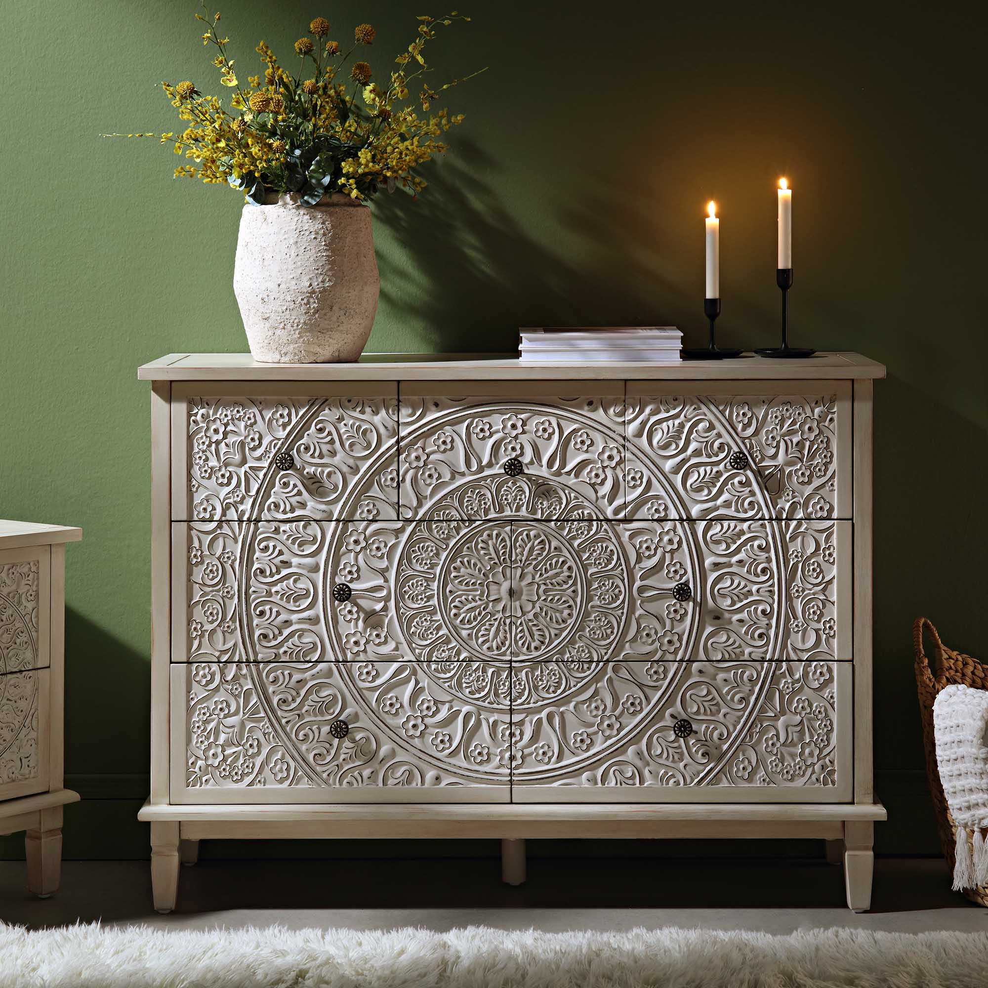 Chantilly Whitewashed Carved 3 over 4 Drawer Dresser