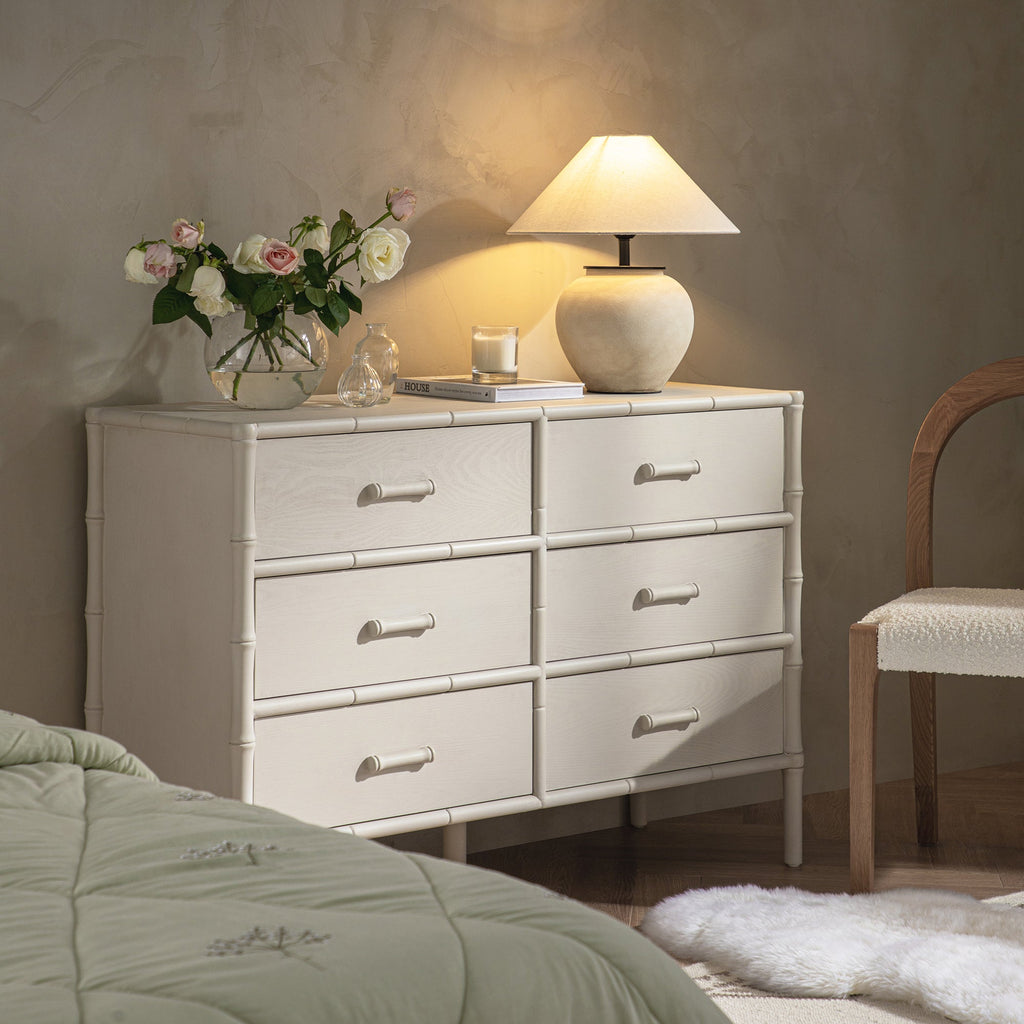 Elstowe Faux Bamboo 6-Drawer Dresser, Shaded White