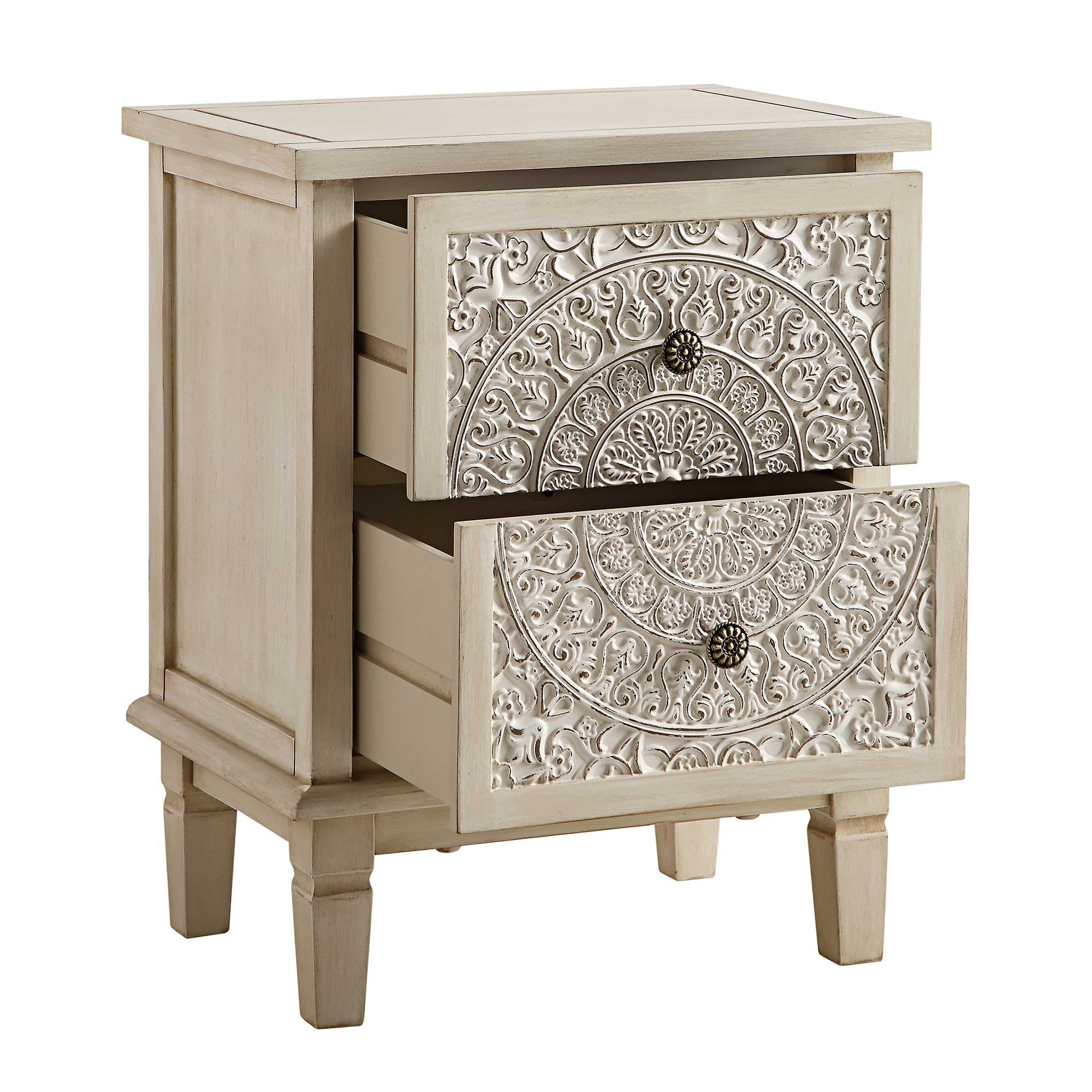 Chantilly Whitewashed Carved 2 Drawer Nightstand