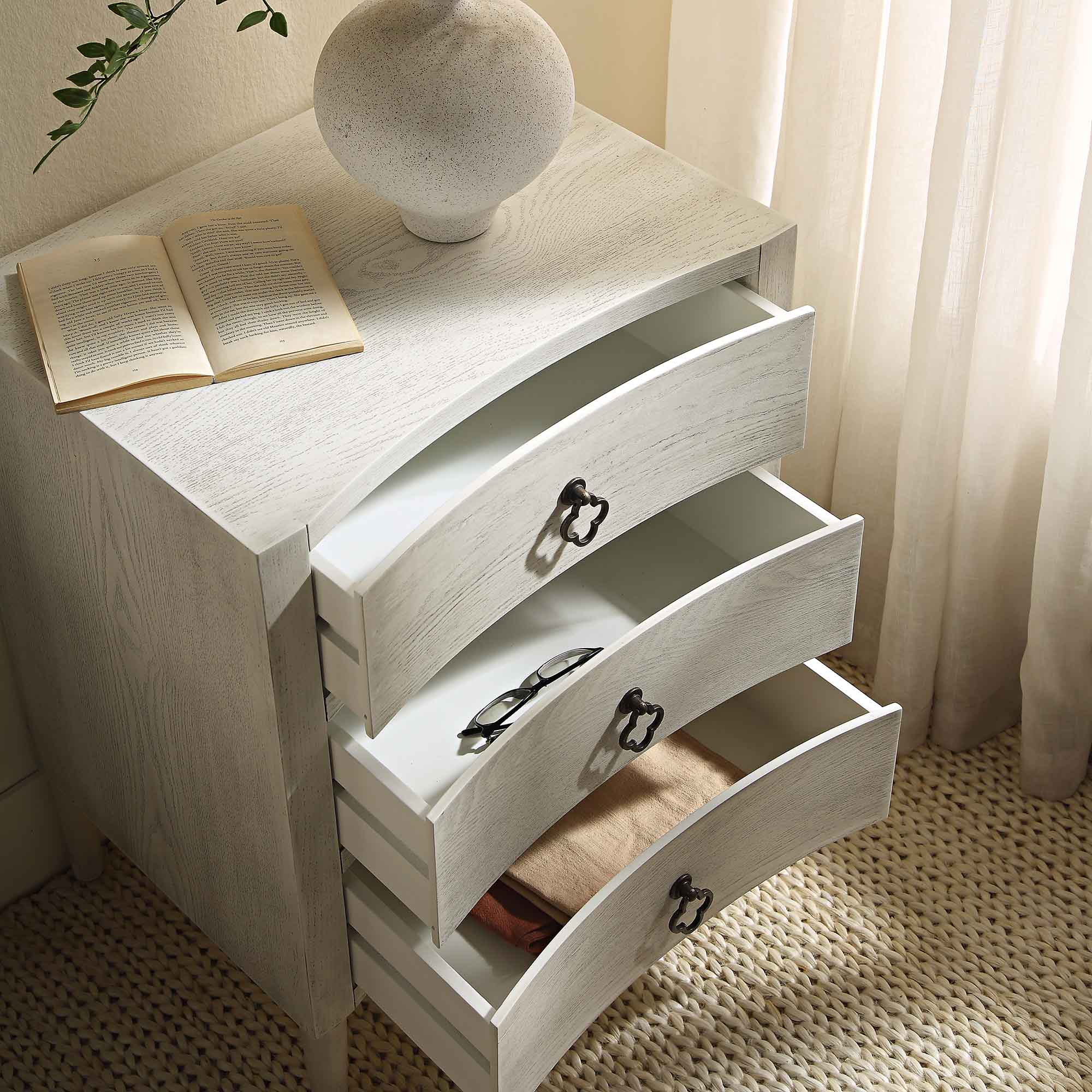 Thalia Concave 3 Drawer Nightstand, Washed White
