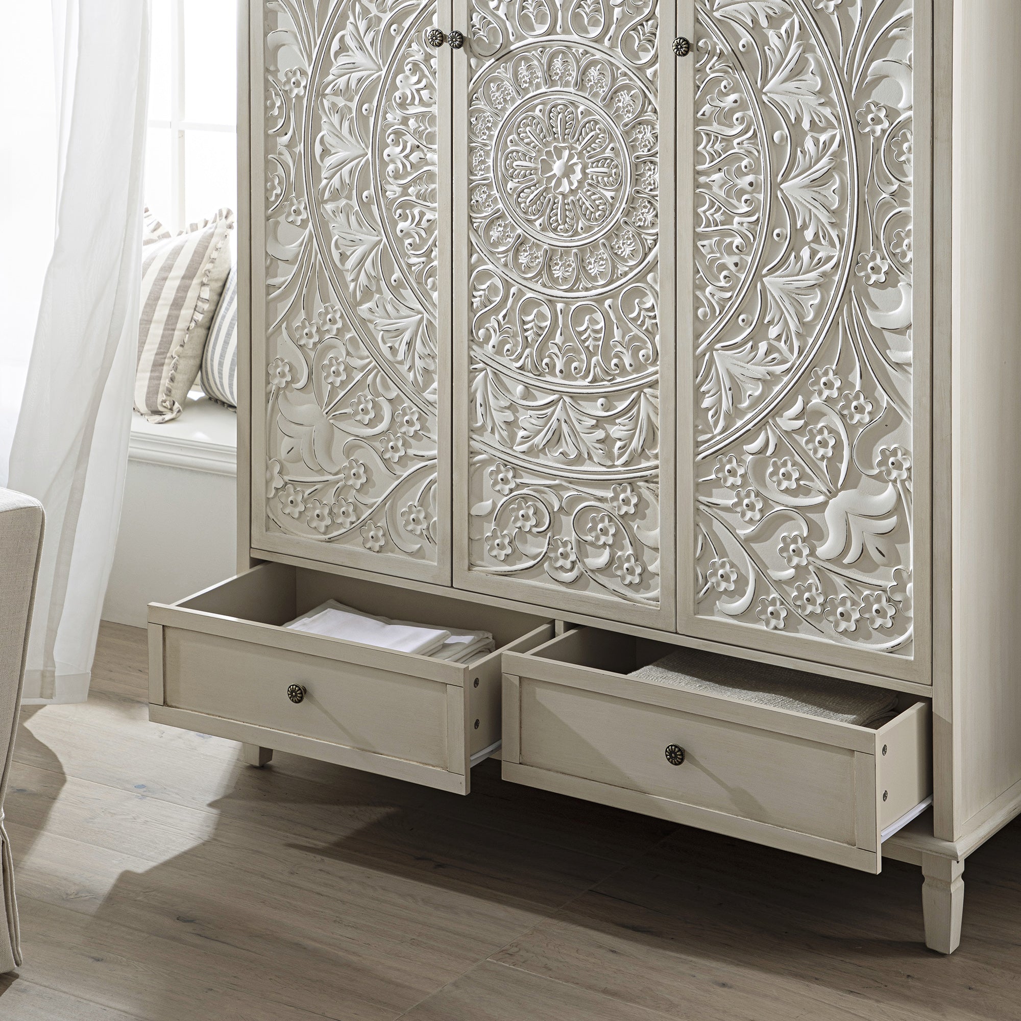 Chantilly Whitewashed Carved Triple Closet
